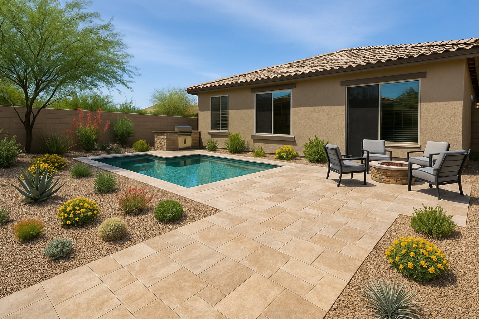 Arizona landscape in Phoenix Metro with xeriscape and hardscape